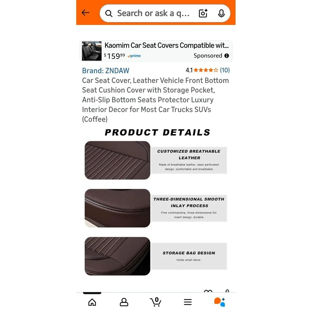 Kaomim Car Seat Cover Leather Front Bottom Seat Cushion Coffee Luxury Interior